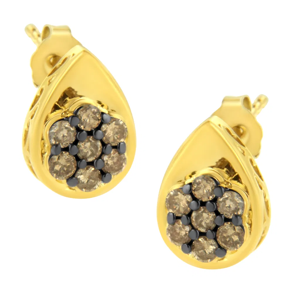 10K Yellow Gold Plated .925 Sterling Silver 1/2 Cttw Prong Set Round-Cut Diamond Floral Cluster Stud Earring (Champagne Color, I1-I2 Clarity) - Grocery