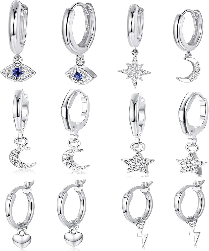6 Pairs Huggie Hoop Earrings for Women Heart CZ Star Moon Evil Eye Dangle Hoop Cute Drop Earrings Set - Grocery