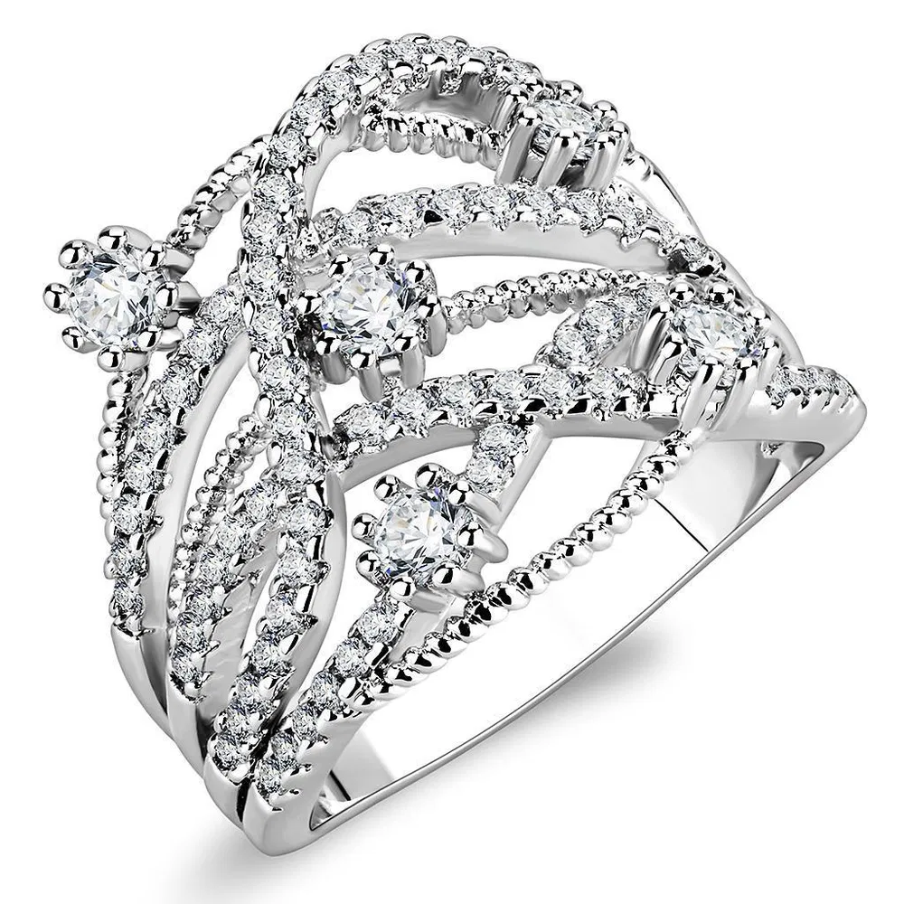 3W1463 - Rhodium Brass Ring with AAA Grade CZ in Clear - Grocery