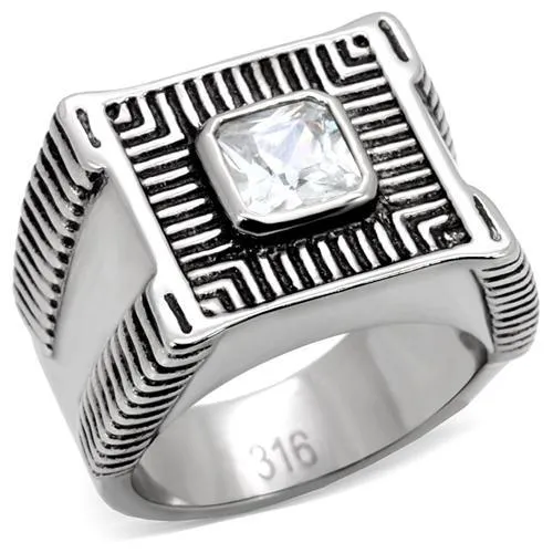 TK123 - High polished (no plating) Stainless Steel Ring with AAA Grade CZ in Clear - Grocery
