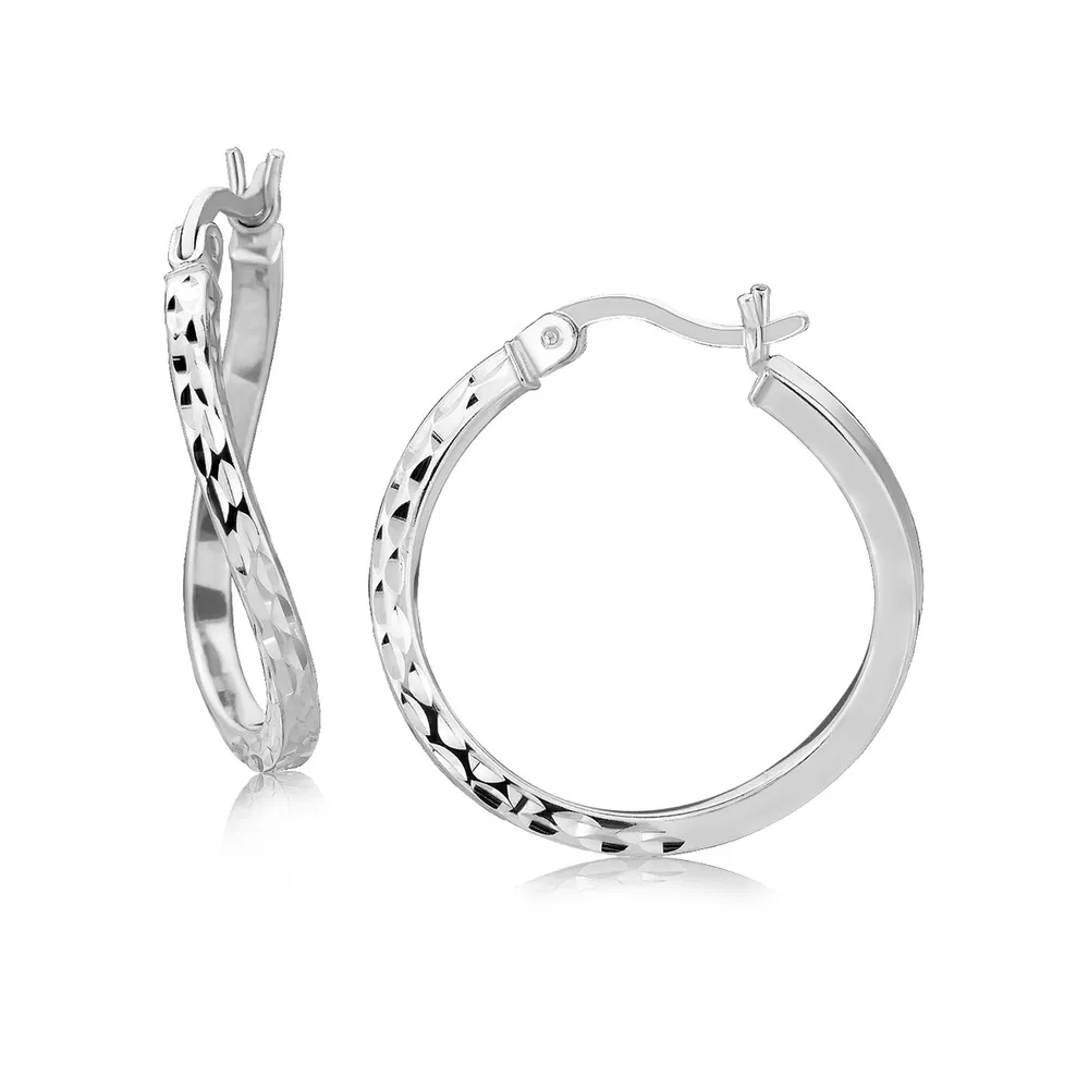 Sterling Silver Rhodium Plated Twist Style Hoop Diamond Cut Earrings (2x20mm) - Grocery