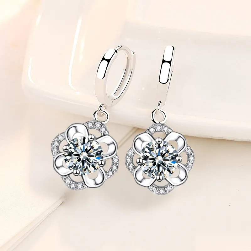 925 Sterling Silver New Woman Fashion Jewelry High Quality Blue Crystal Zircon Flower Earrings Hot Selling Earrings - Grocery