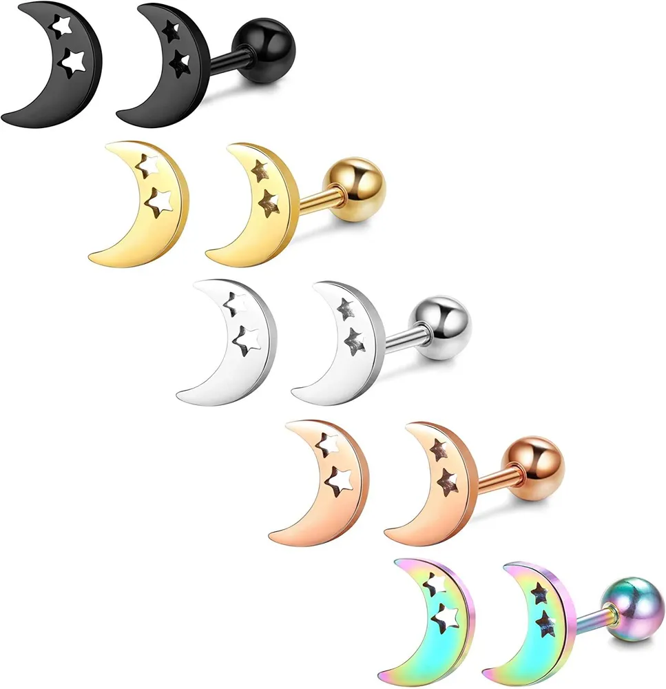 5 Pairs Stud Earrings for Women Stainless Moon Star Heart Earrings Cartilage Earrings Tragus Conch Helix Piercing 18G - Grocery