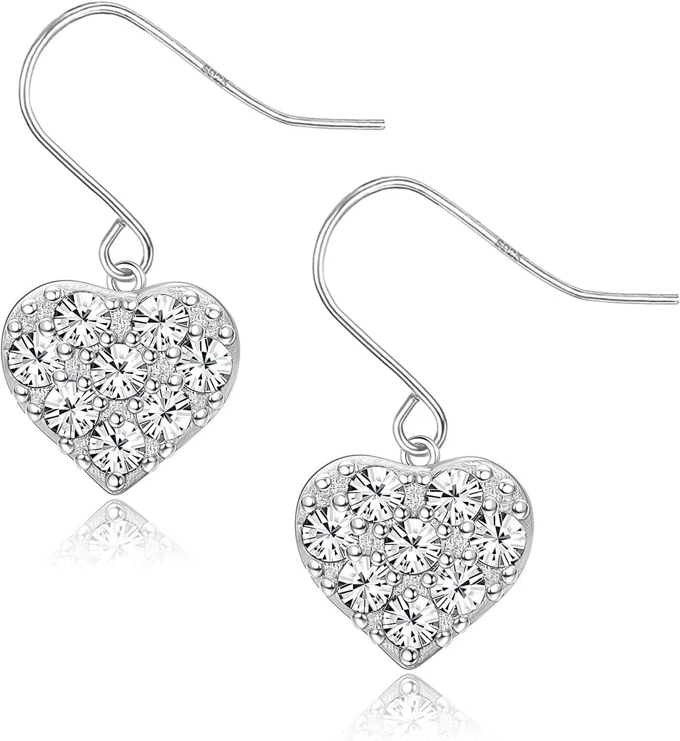 Heart Dangle Earrings 925 Sterling Silver White Gold Plated Hypoallergenic CZ Love Heart Drop Earrings for Women Birthday Gift - Grocery
