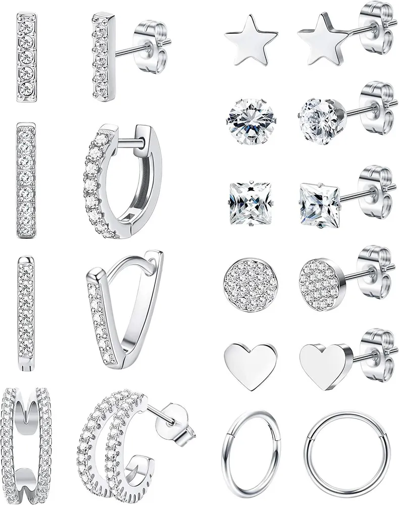 10Pairs Stainless Star Heart Stud Earrings for Women Hoop Huggie Cubic Zirconia Ear Piercing Set - Grocery