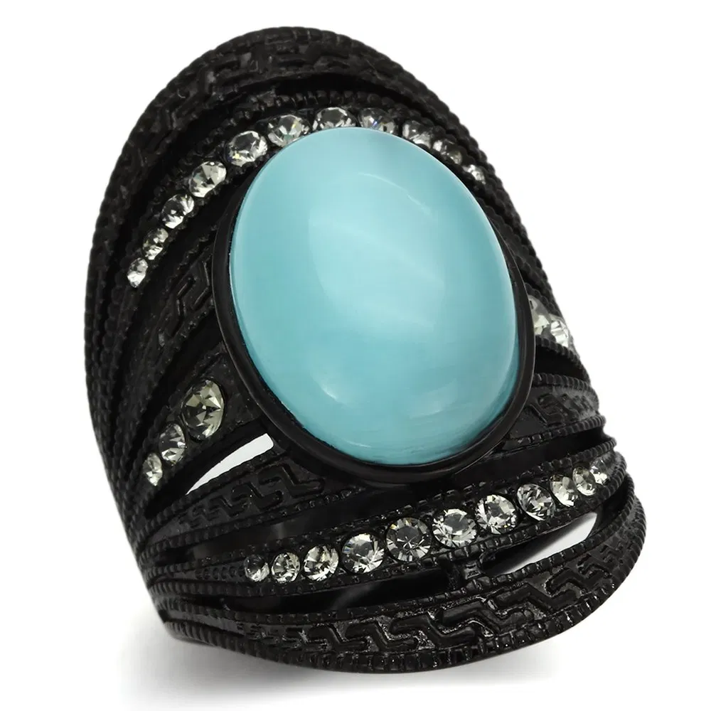 TK1006 - IP Black(Ion Plating) Stainless Steel Ring with Synthetic Cat Eye in Sea Blue - Grocery