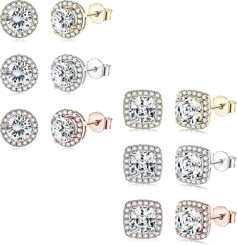 6 Pairs Halo Stud Earrings For Women 18K White Gold/Rose Gold Plated Round Square Cubic Zirconia Brillant Cut Earrings - Grocery