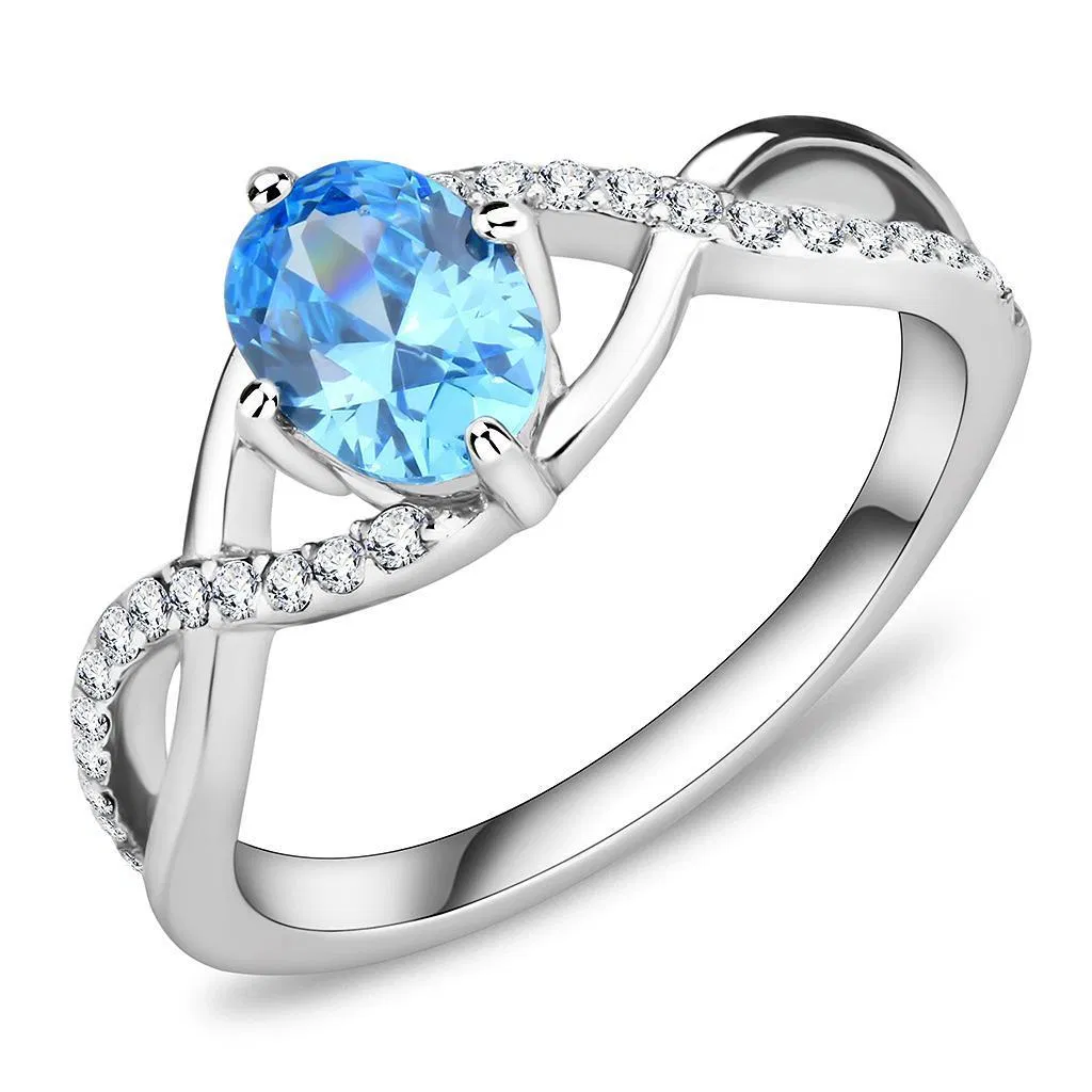 DA117 - High polished (no plating) Stainless Steel Ring with AAA Grade CZ in Sea Blue - Grocery
