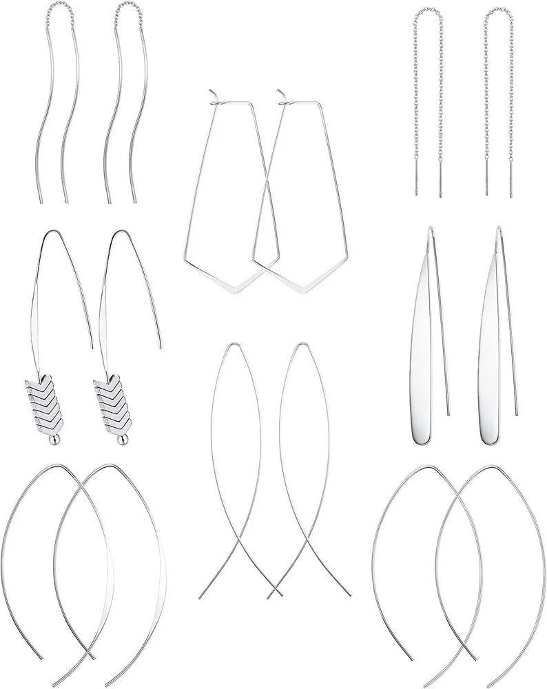 8 Pairs Dangle Threader Earrings for Women Geometric Chevron Hoop Earrings Curved Flat Bar Wave Earrings Set - Grocery