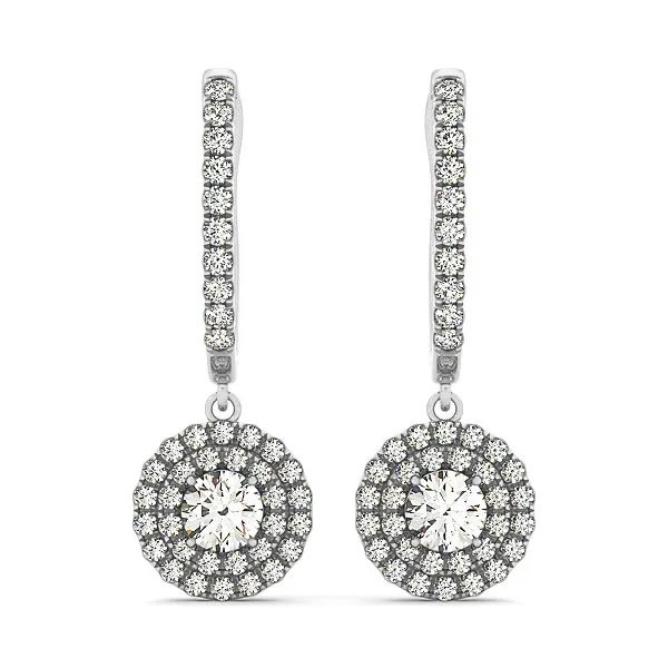 14k White Gold Double Halo Round Diamond Drop Earrings (1 cttw) - Grocery