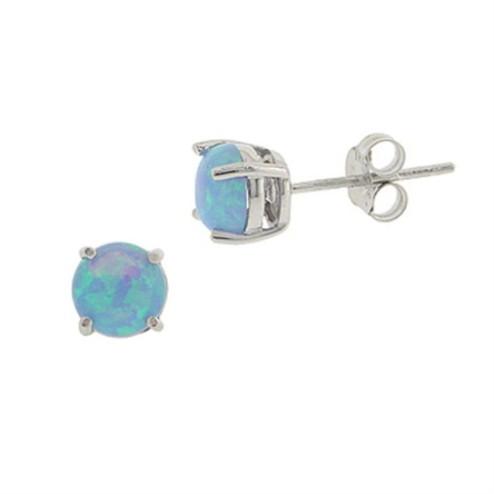Sterling Silver 6mm Round Fiery Created Blue Opal Stud Earrings - Grocery