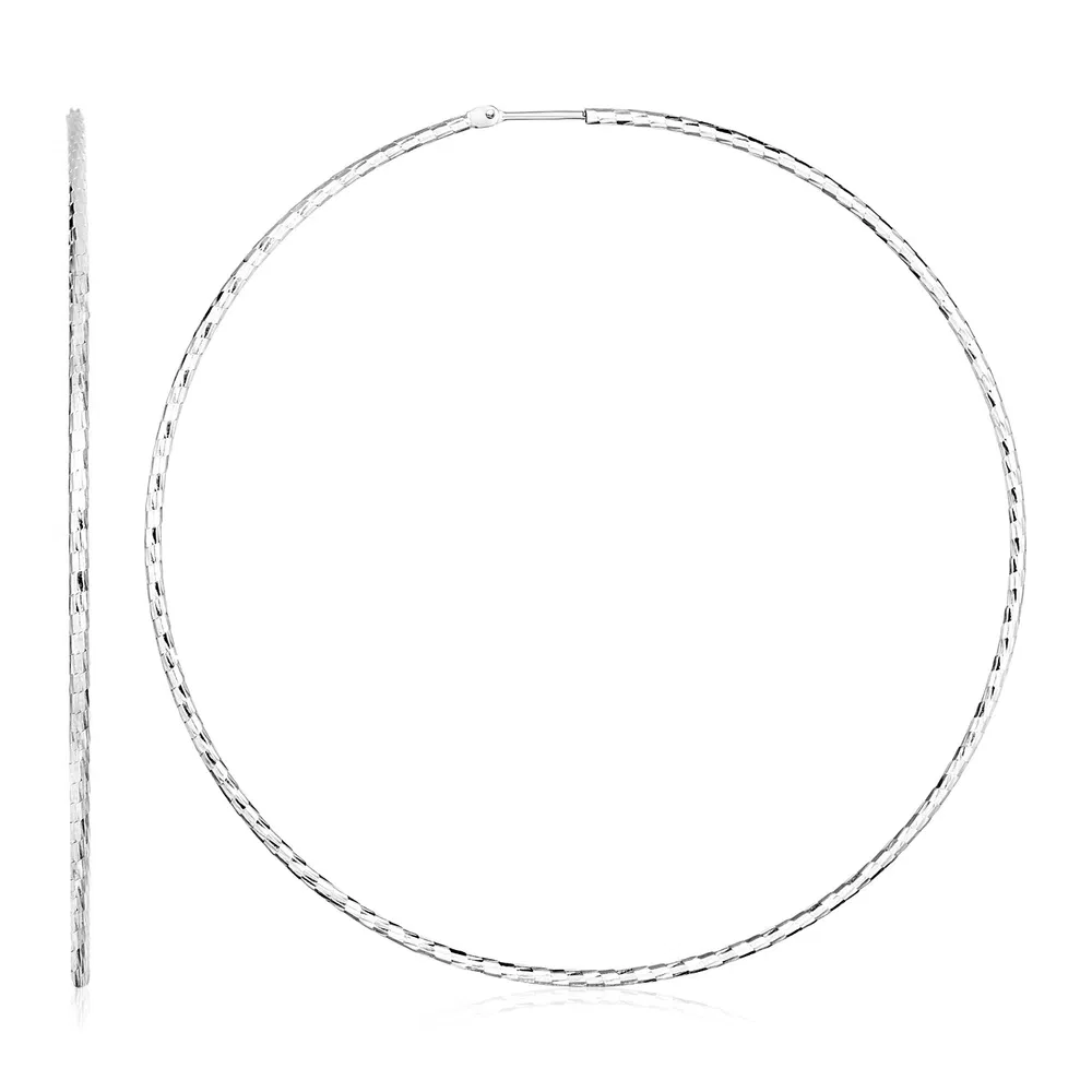 Sterling Silver Large Textured Round Hoop Earrings(1.6x70mm) - Grocery