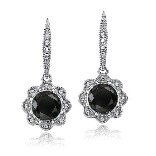 Silver Tone Black & Clear Swarovski Elements Halo Dangle Flower Leverback Earrings - Grocery