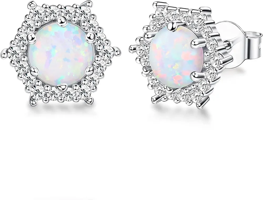 Opal Stud Earrings For Women 6mm Opal and Cubic Zirconia Halo Stud Earrings Statement Earrings October Birthstone Earrings - Grocery