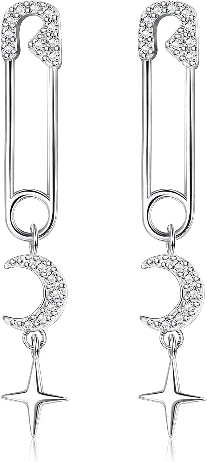 Sterling Safety Pin Earrings Paper Clip Earrings for Women | Sleeper Hoop Earrings | Dangle Cubic Zirconia Stud Earrings | Sterling Paper Clip Earrings - Grocery