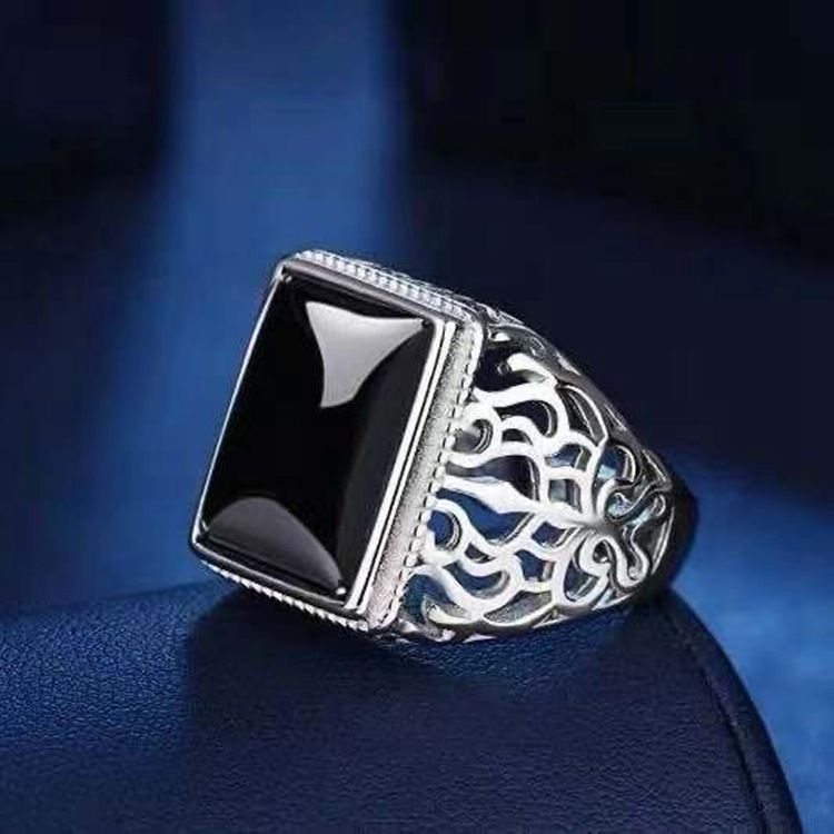 Silver-plated Agate Men's Ring Trendy Domineering Personalized White Gold Color Men's Diamond Ring Gemstone Ring - Grocery