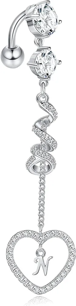 14G Belly Button Ring Dangle with Initials CZ Barbell Piercing Heart Pendant Belly Ring 316L Surgical Stainless Long Navel Ring Body for Women - Grocery