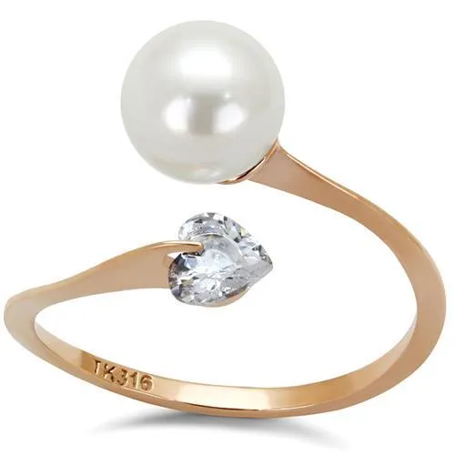TK1837 - IP Rose Gold(Ion Plating) Stainless Steel Ring with Synthetic Pearl in White - Grocery