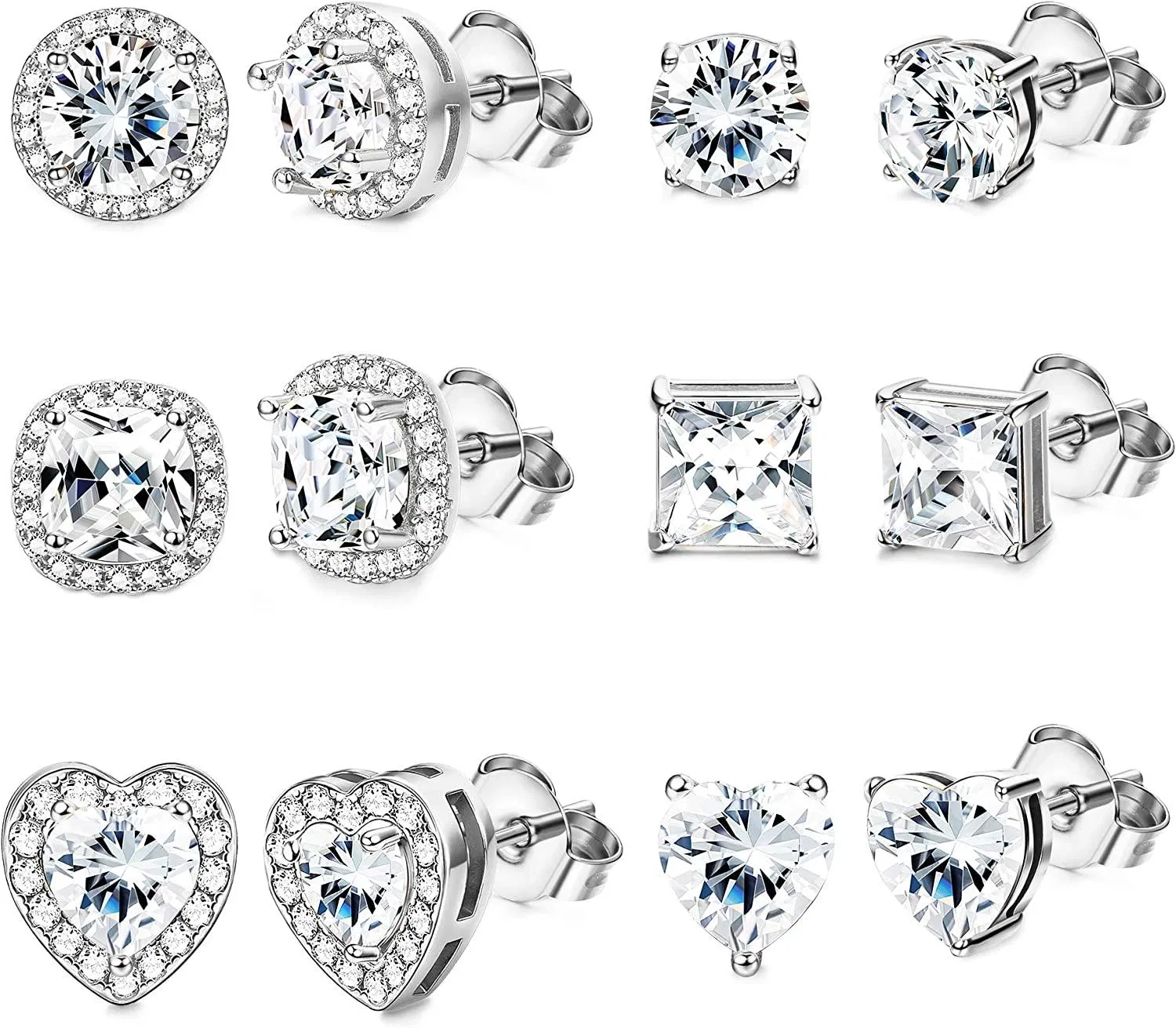 6 Pairs Cubic Zirconia Stud Earrings Set for Women Stainless Halo Earrings Round Square Heart 6 mm CZ Brilliant Cut Earrings Gift - Grocery
