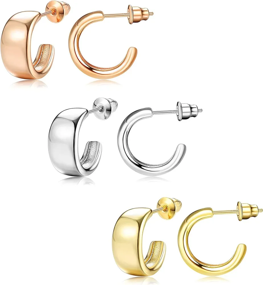 3Pairs 14K Gold Plated Thick Huggie Earrings Small Round Hoop Earrings with 925 Sterling Silver Back Chunky Round Open Hoops for Women Men - Grocery