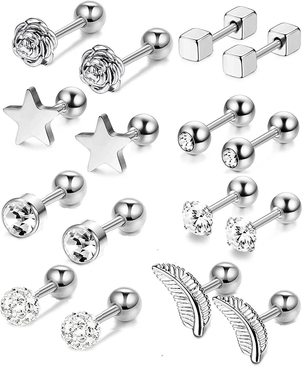8Pairs Stainless Steel Cartilage Trague Earrings for Women Helix Ear Piercings Inlaid CZ Barbell Body Piercing Jewelry - Grocery