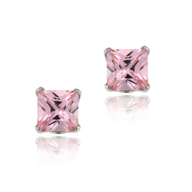 14k White Gold 4mm Princess Pink CZ Stud Earrings - Grocery