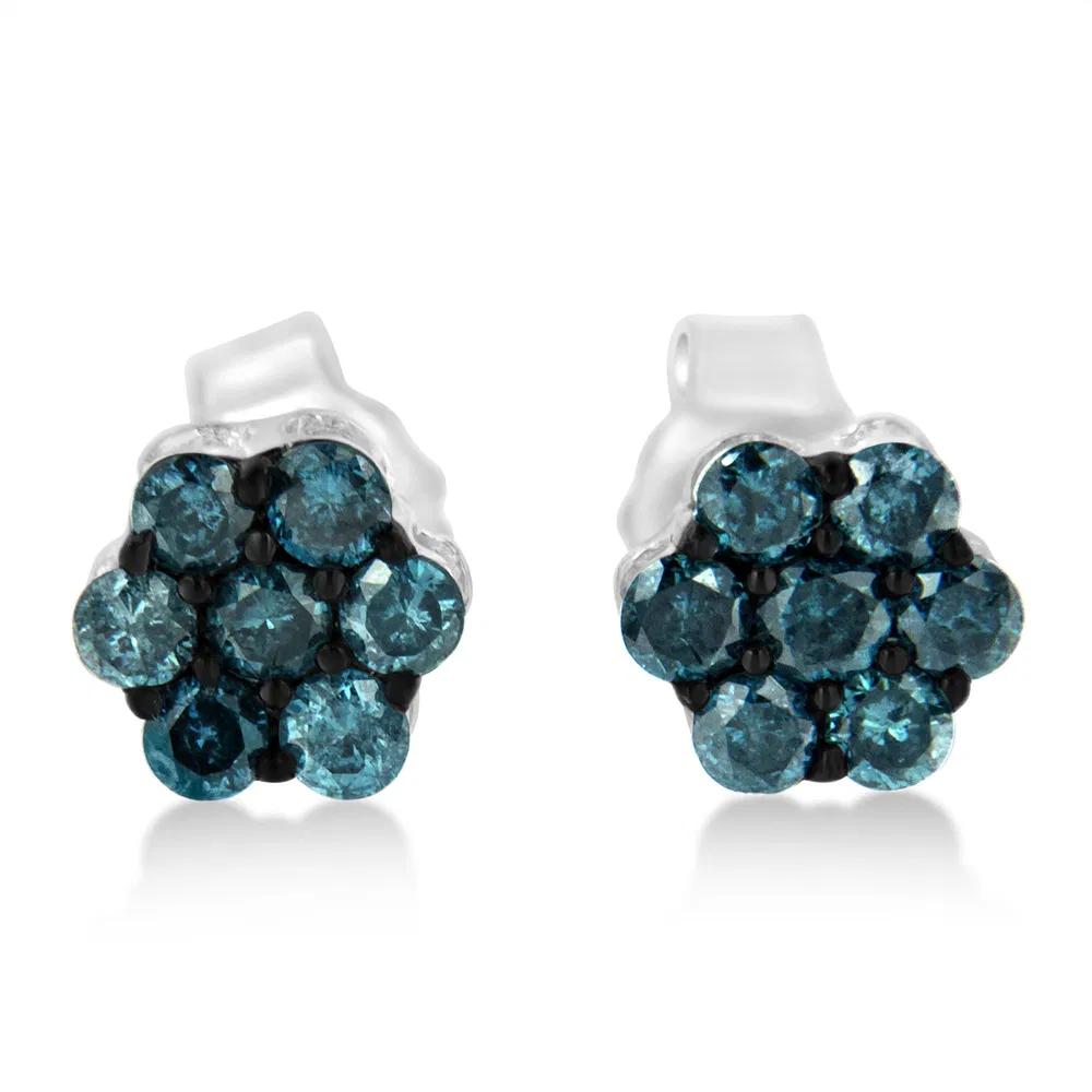 Sterling Silver Treated Blue Diamond Floral Stud Earrings (1/2 cttw, Blue Color, I2-I3 Clarity) - Grocery