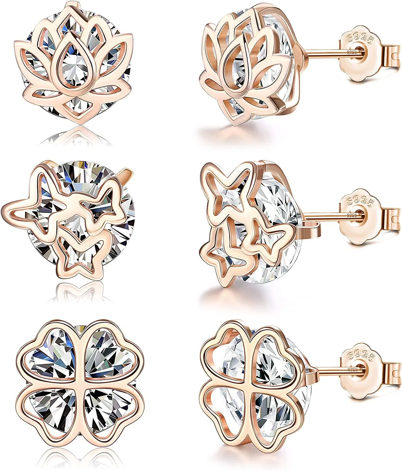 3Pairs Sterling Silver Stud Earrings Set Plated Lotus Four-clover Leaf Butterfly Sparkling Cubic Zirconia Stud Earring for Women - Grocery