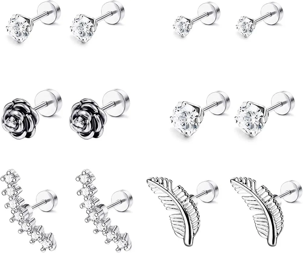 8 Pairs 16G Stainless Flower Feather Cartilage Cubic Zirconia Inlaid Helix Hoop Stud Earrings Tragus Piercing for Men Women - Grocery