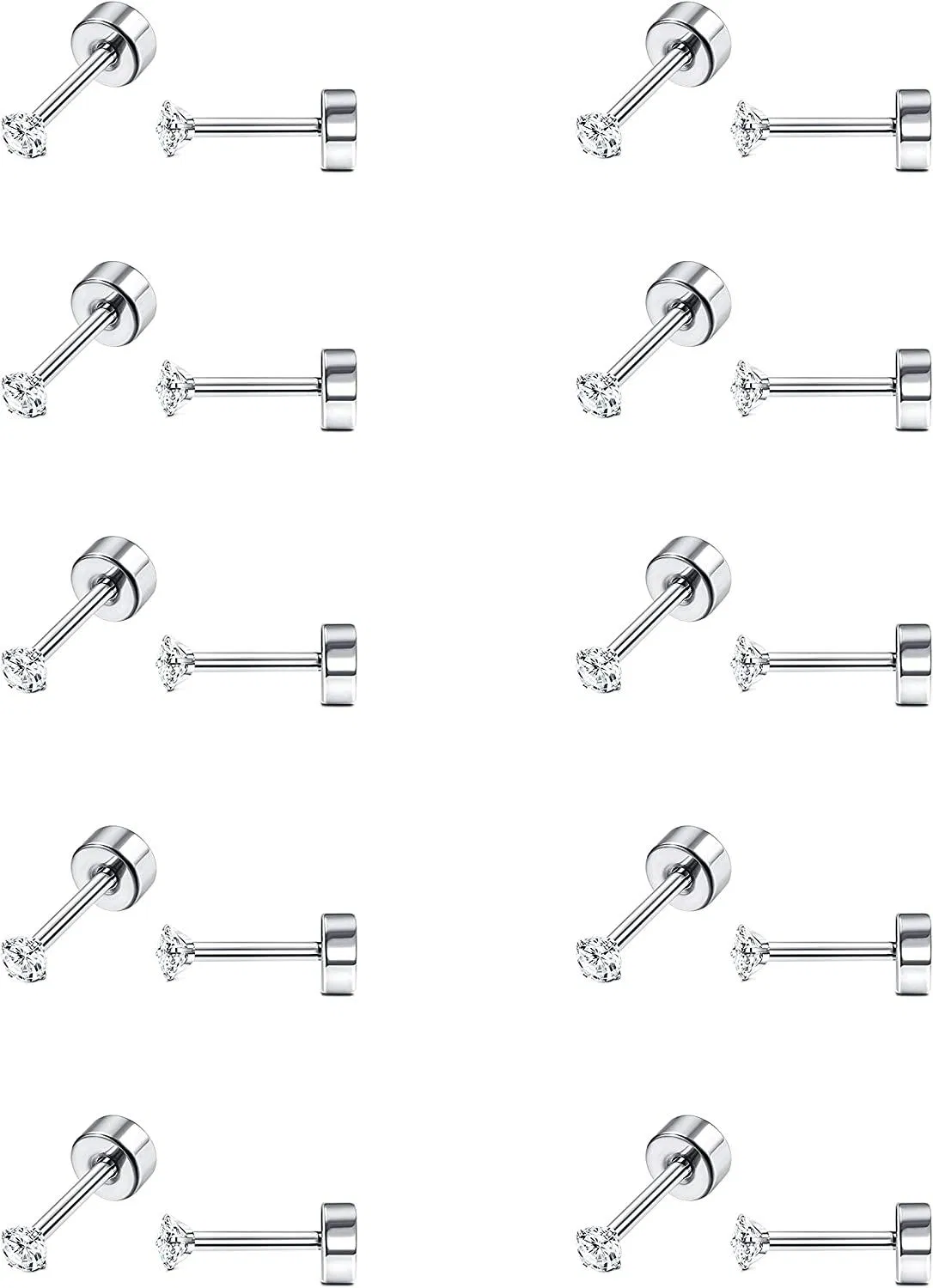 10 Pairs 18G Stainless Stud Cartilage Piercing Earrings for Women Men Lobe Ear Piercing Stud Cubic Zirconia Flat Back Screw Back Ear Piercing Set 2-4MM - Grocery