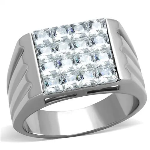 TK1803 - High polished (no plating) Stainless Steel Ring with AAA Grade CZ in Clear - Grocery