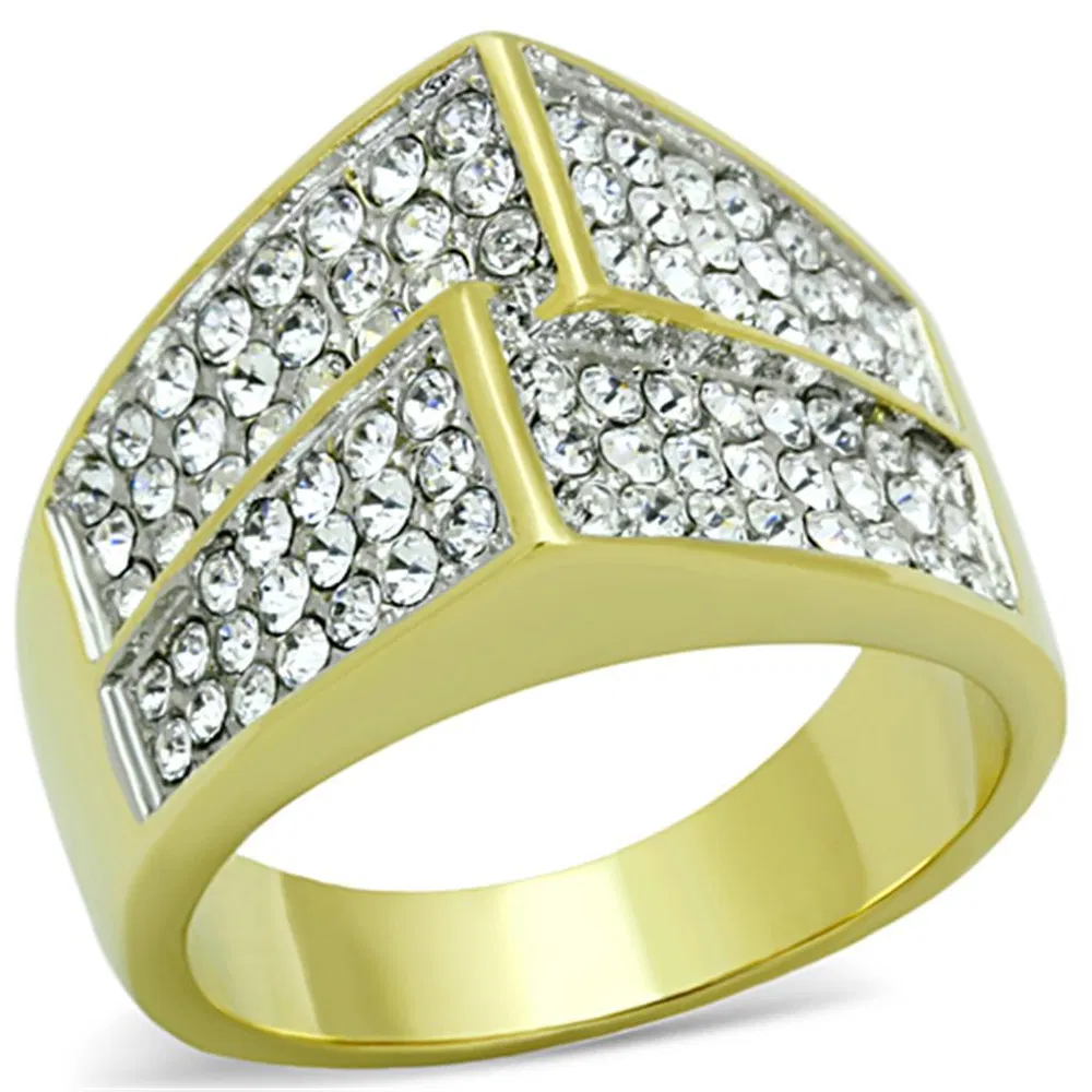 TK1550 - Two-Tone IP Gold (Ion Plating) Stainless Steel Ring with Top Grade Crystal in Clear - Grocery