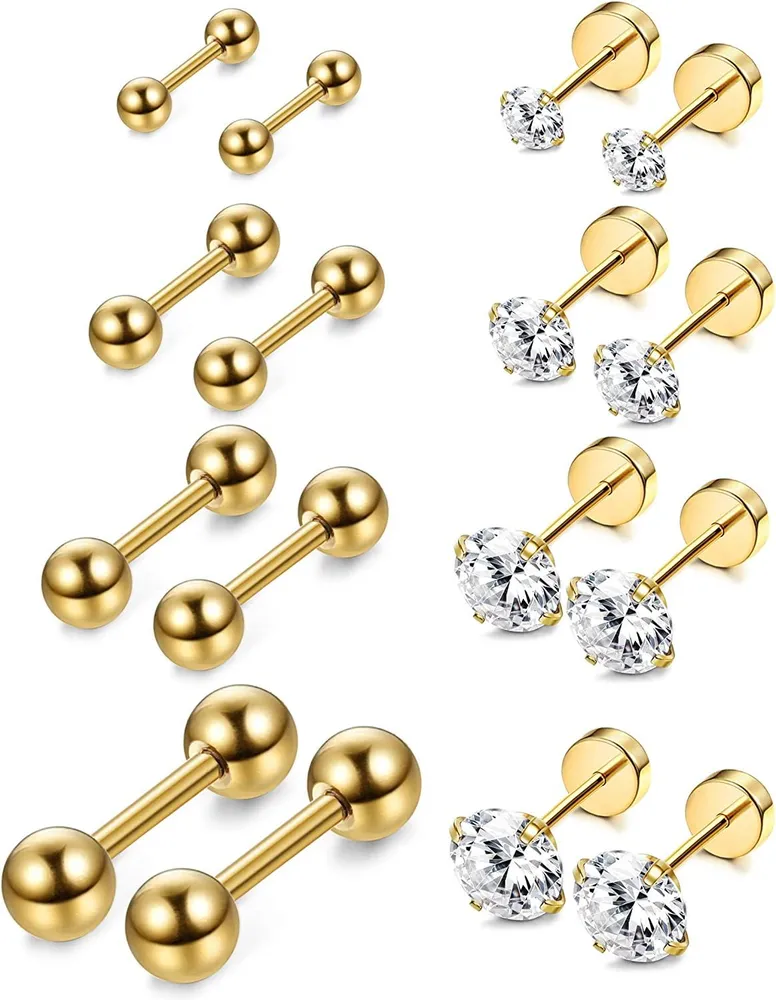 8 Pairs 18G Stainless Ear Stud Piercing CZ Ball Barbell Flatbacks Studs Earrings Cartilage Tragus Helix Comfortable Stud Earrings 6mm - Grocery
