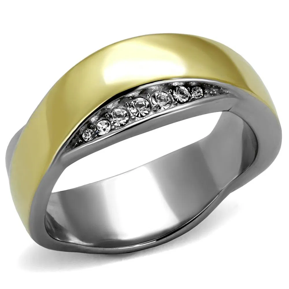 TK2264 - Two-Tone IP Gold (Ion Plating) Stainless Steel Ring with Top Grade Crystal in Clear - Grocery