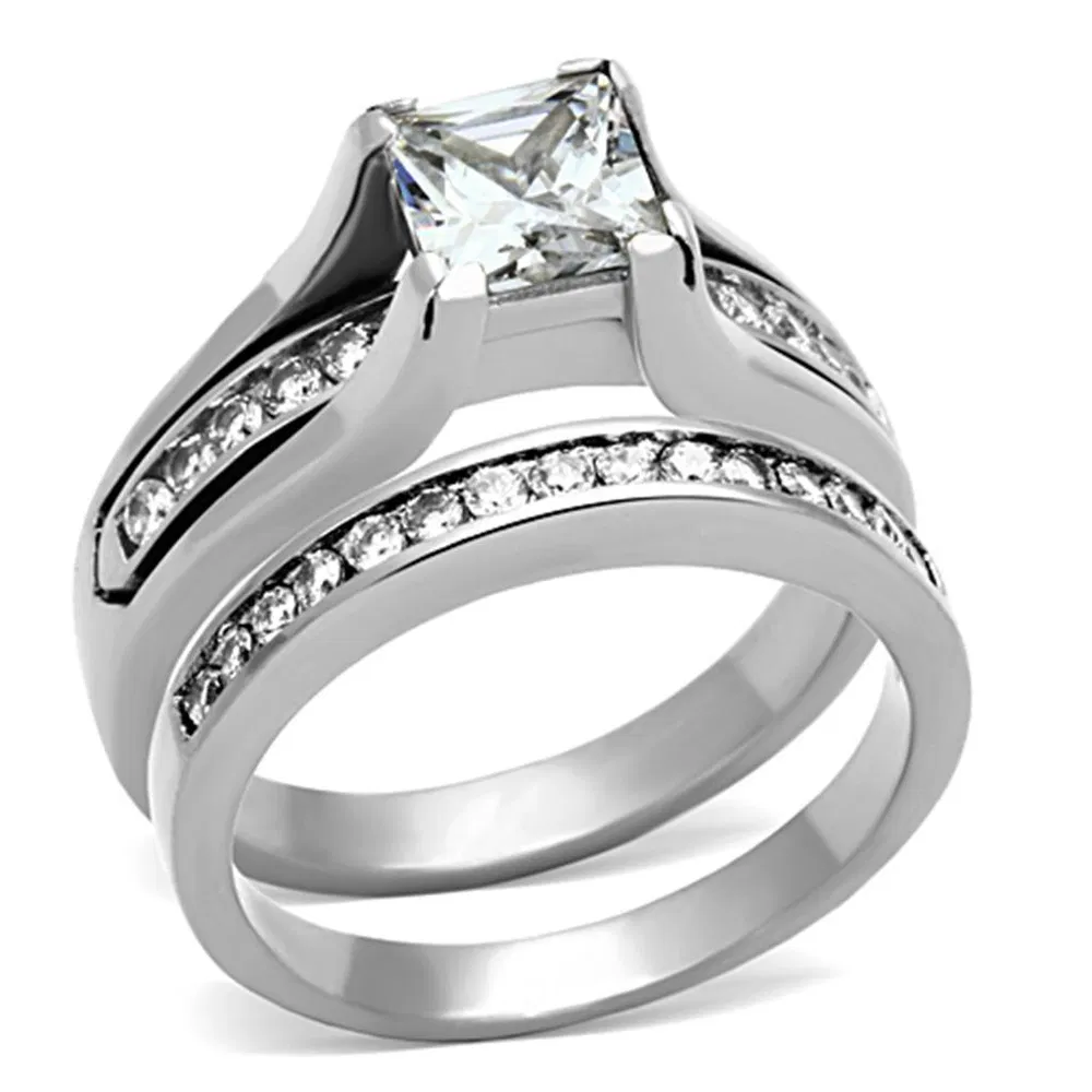 TK0W383 - High polished (no plating) Stainless Steel Ring with AAA Grade CZ in Clear - Grocery