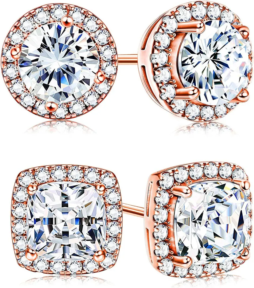 Rose Gold Cubic Zirconia Halo Stud Earrings for Women Round & Square Cut CZ Earrings Set - Grocery
