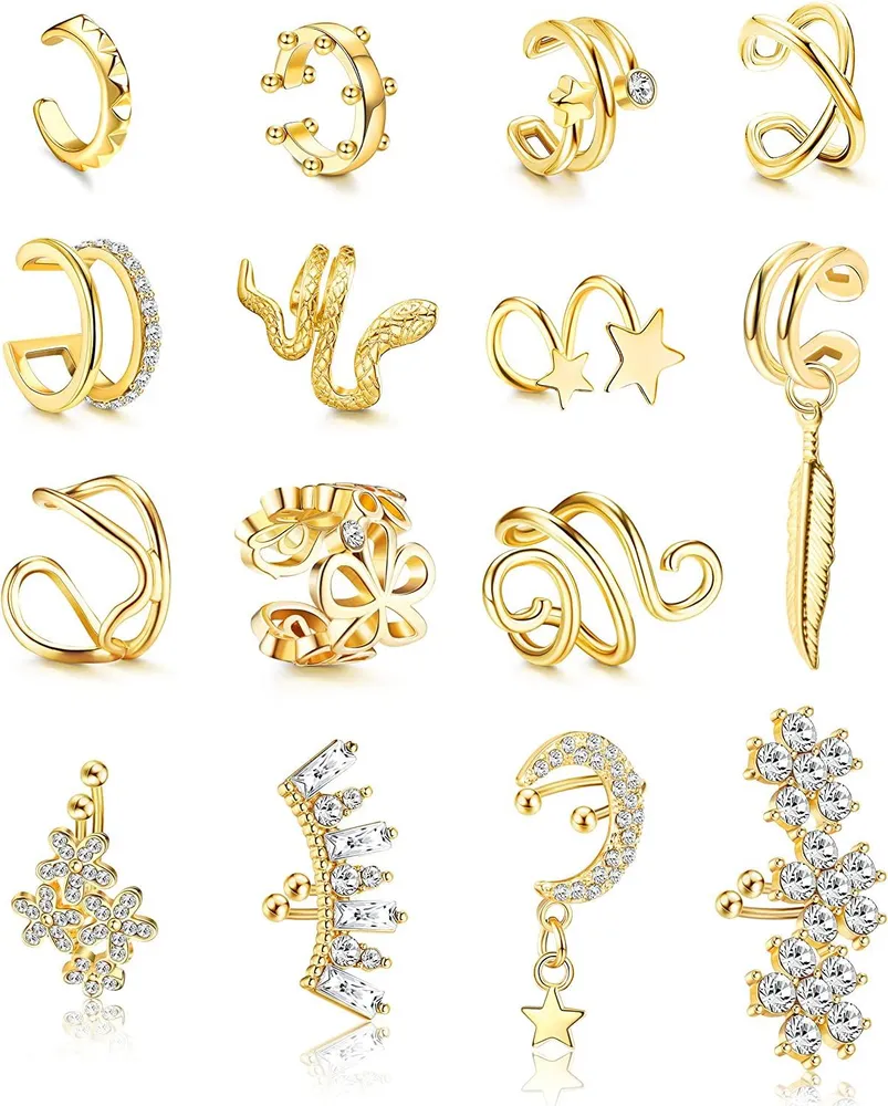 15Pcs Ear Cuffs Clip On Cartilage Helix Wrap Ear Cuff Non Piercing Earrings Set Adjustable Cuff Earrings for Women - Grocery