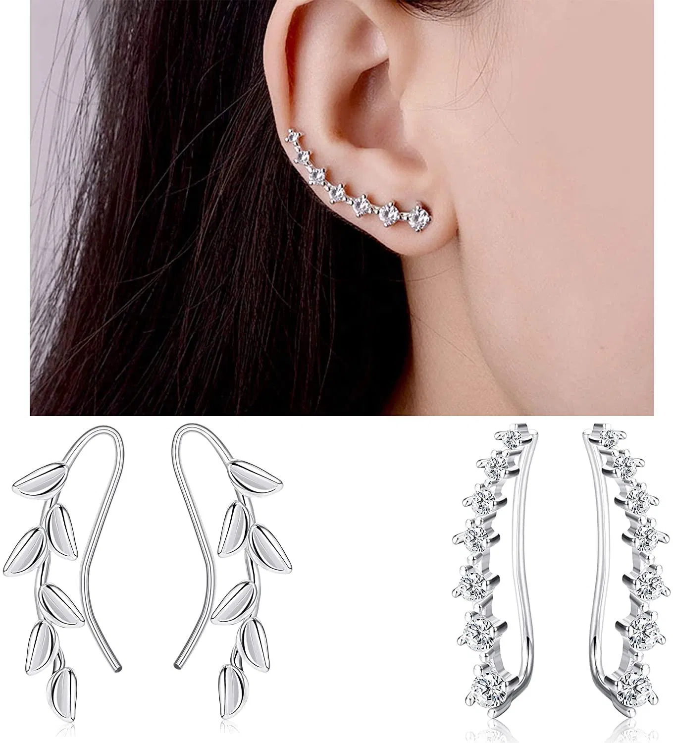2Pairs Sterling Ear Crawler Earrings for Women Cubic Zirconia Ear Wraps Leaf Climber Earrings Fashion Ear Jackets - Grocery