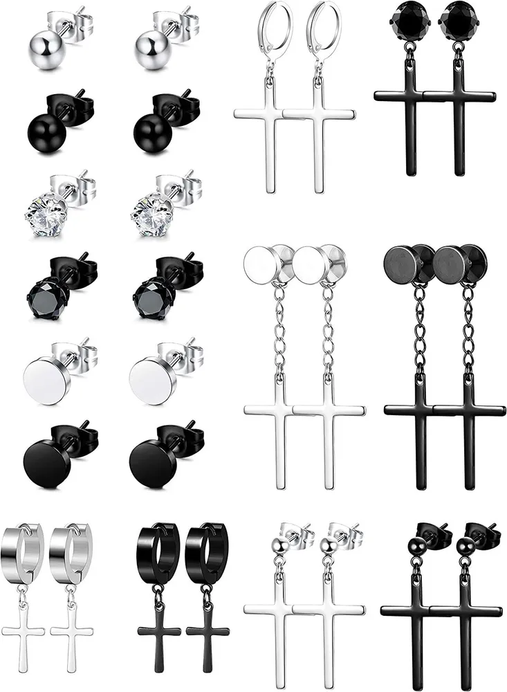 14 Pairs Stainless Dangle Cross Stud Earrings for Men Women Hoop CZ Stud Earrings Set Huggie Vintage Ear Piercing - Grocery