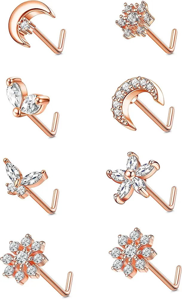 8 Pcs 20G Nose Studs for Women 316L Stainless L Shaped Nose Rings Stud CZ Butterfly Flower Snowflake Moon Nose Ring Body Piercing for Men - Grocery