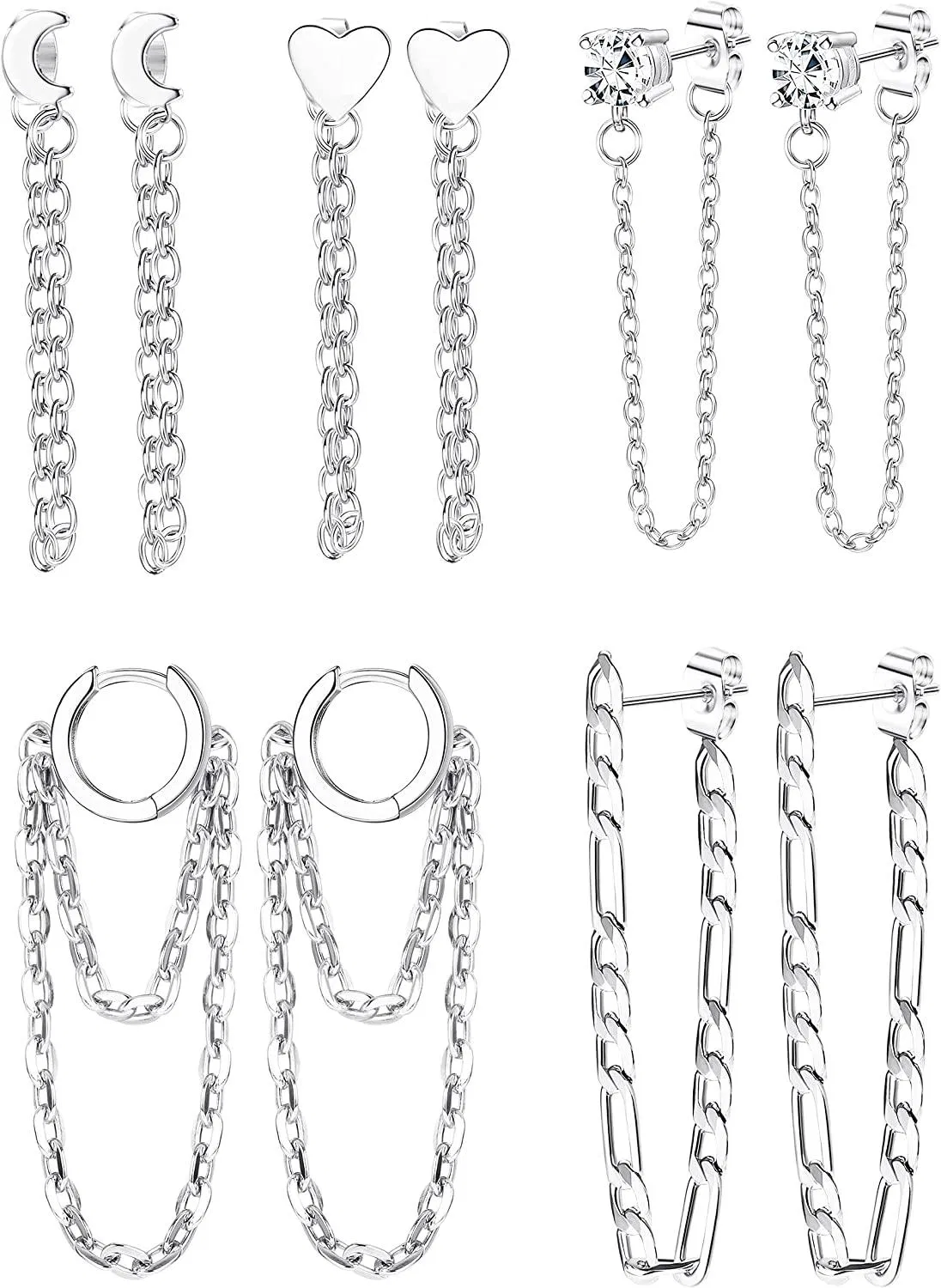 5 pairs Chain Earrings for Women Chain Wrap Cuff Bar Stud Dangle Chain Hoop Stud Earrings heart chain earrings Gift - Grocery