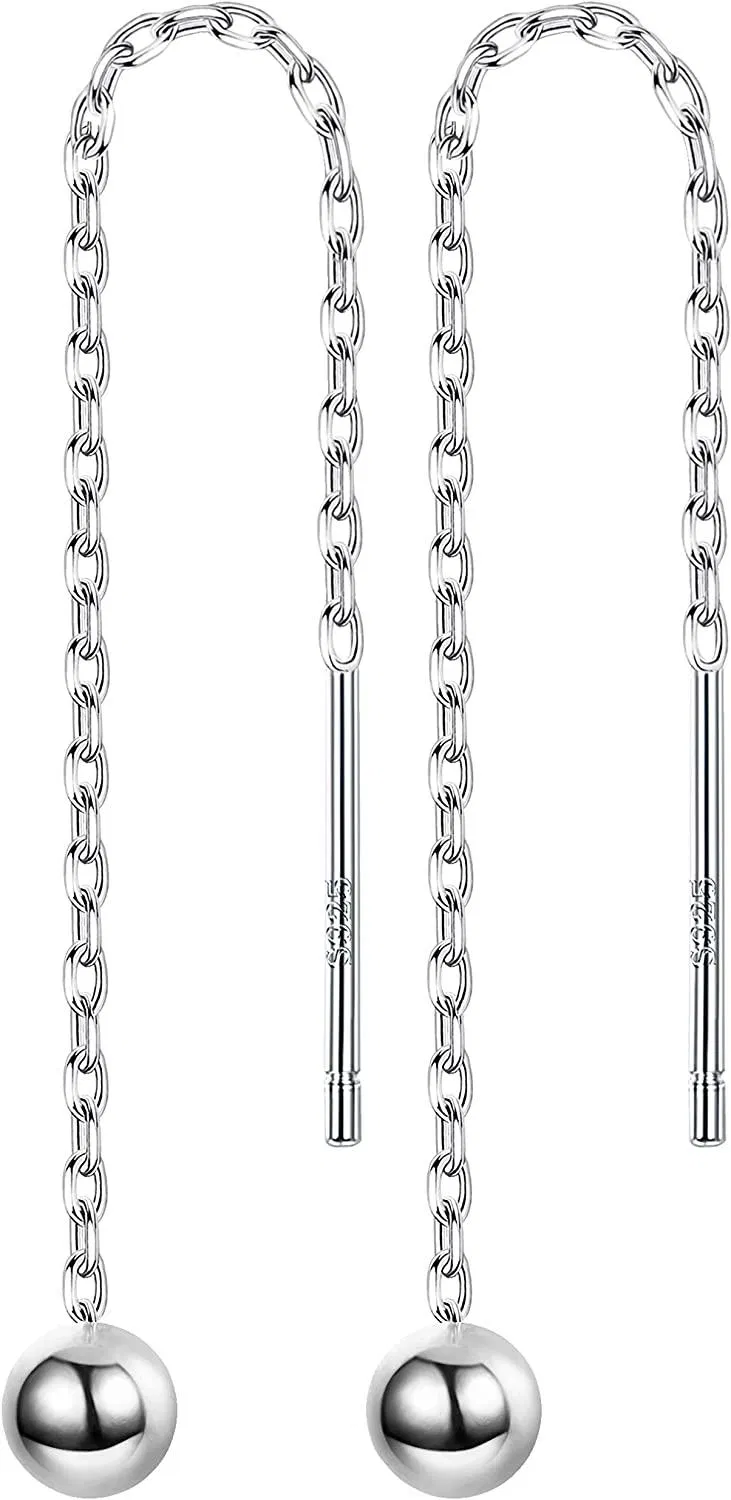 925 Sterling Silver Ear Threader Drop Earrings for Women Ball Dangle Tassel Chain Earrings Lightweight - Grocery
