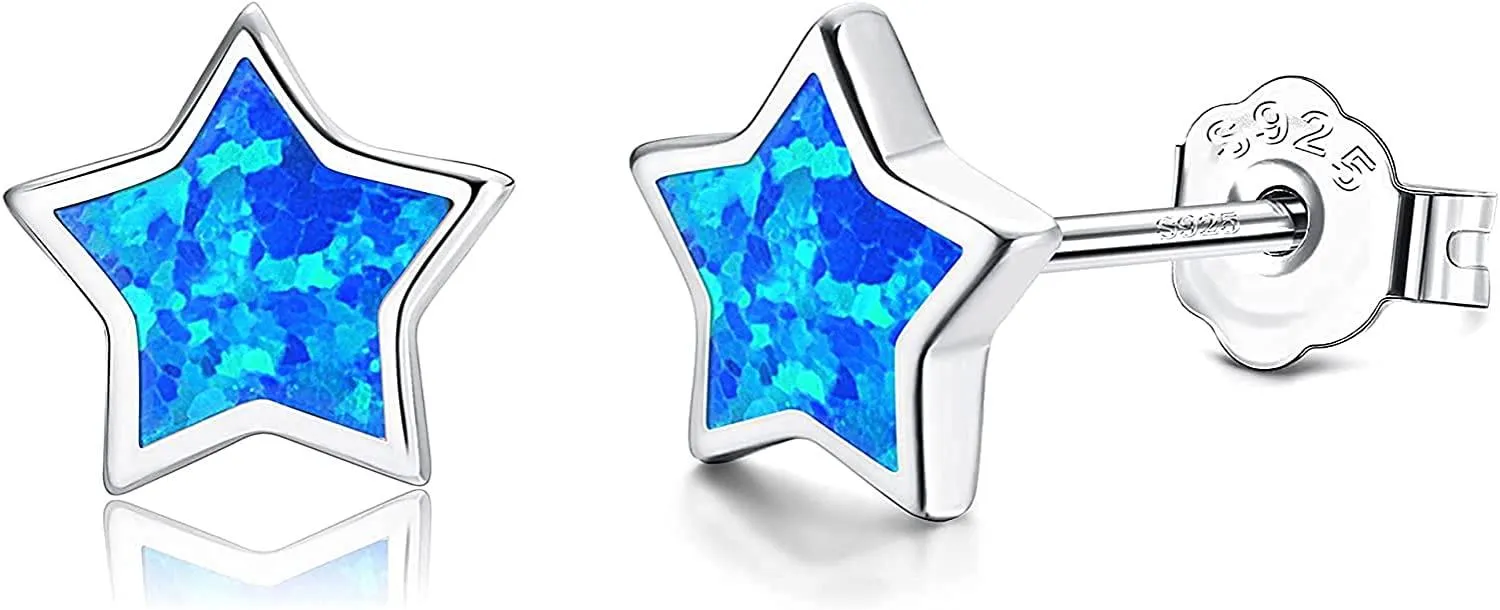 925 Sterling Opal Earrings for Women 18K Gold Plated Minimalist Created Blue Pink White Fire Opal Moon Star Stud Earrings - Grocery