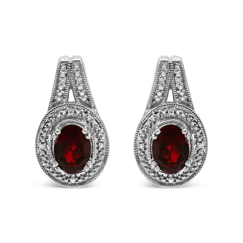 .925 Sterling Silver Diamond Accent and 8x6mm Red Oval Garnet Stud Earrings (I-J Color, I1-I2 Clarity) - Grocery