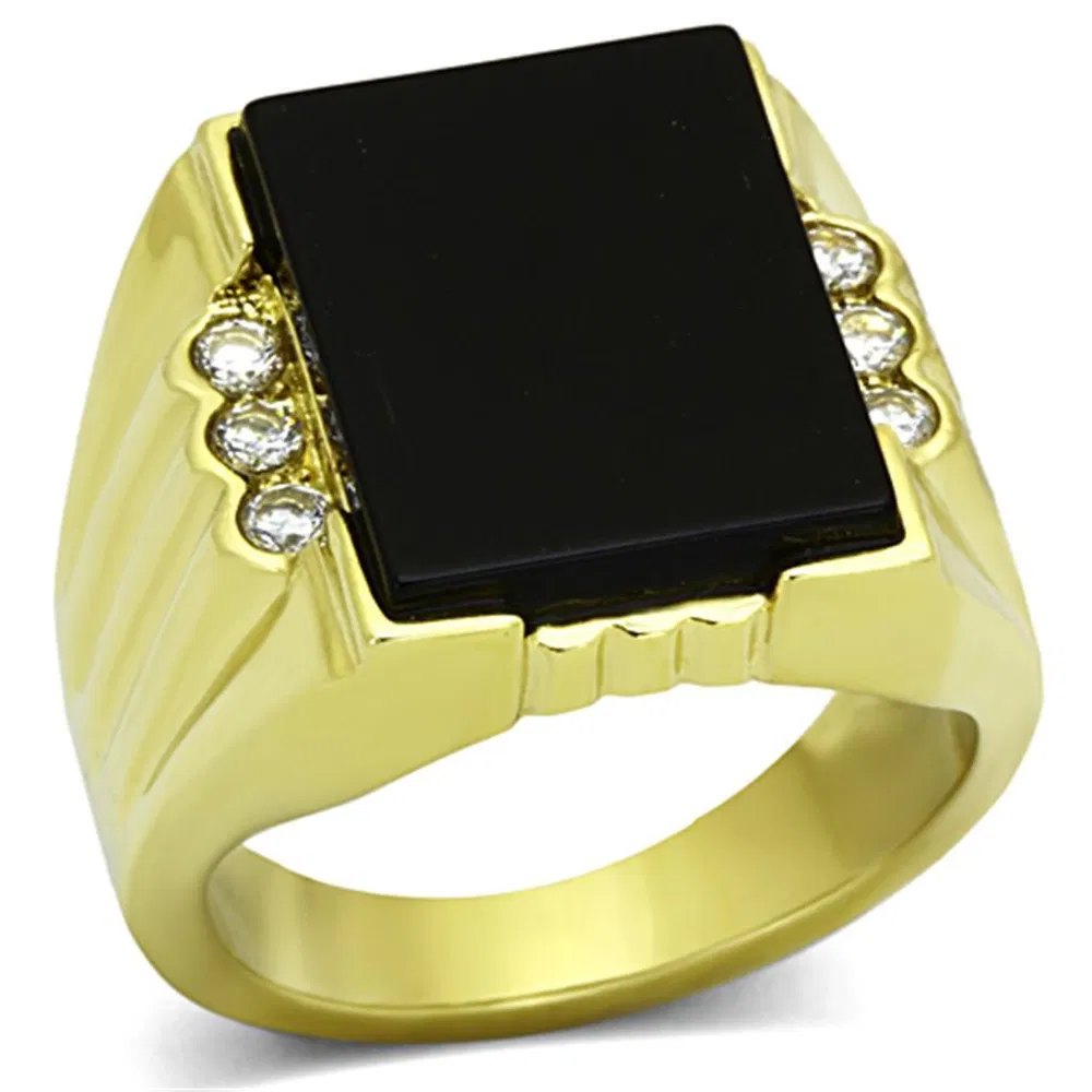 TK1236 - IP Gold(Ion Plating) Stainless Steel Ring with Synthetic Onyx in Jet - Grocery