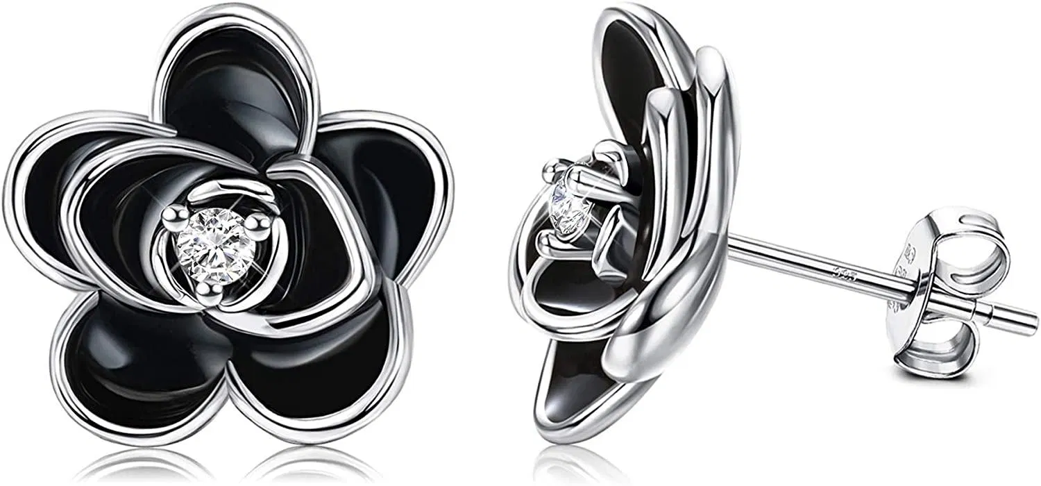 925 Sterling Silver Rose Stud Earrings White Gold Plated Flower Earrings Sterling silver for Women Gift - Grocery