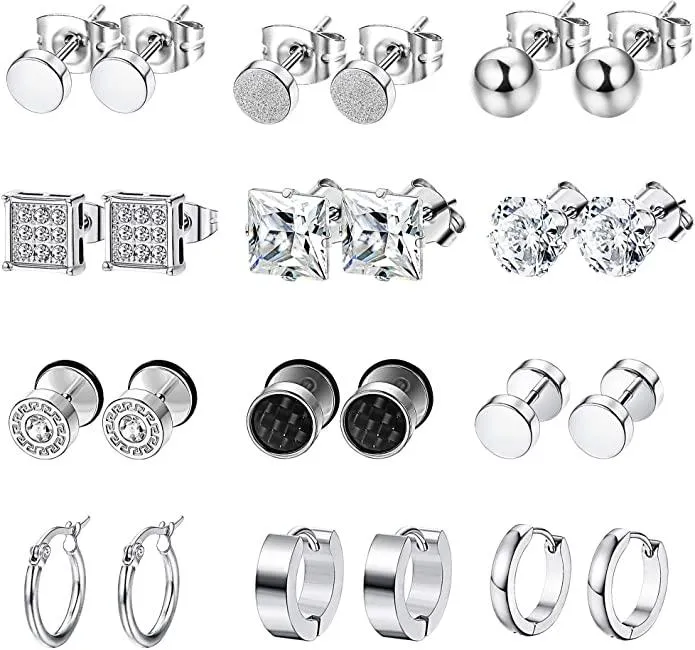 12Pairs Stainless Steel Earrings For Men CZ Stud Earring Tiny Ball Stud Earrings Cartilage Earrings Endless Hoop Earrings For Men - Grocery