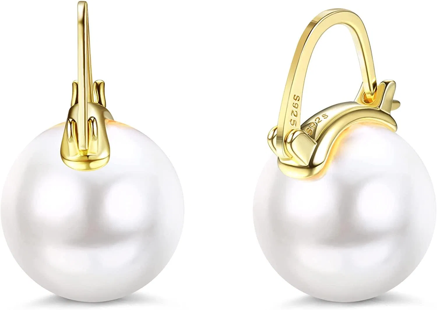 925 Sterling Silver Simulated Pearl Earrings for Women 18K White Gold Plated Large 14MM Shell Pearl Drop Earrings Jewelry for Women - Grocery