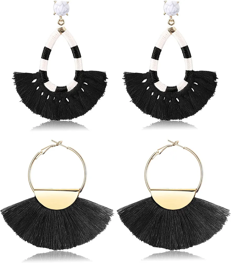 2 Pairs Women's Beaded Tassel Earrings Long Fringe Drop Bohemian Dangle Earrings - Grocery