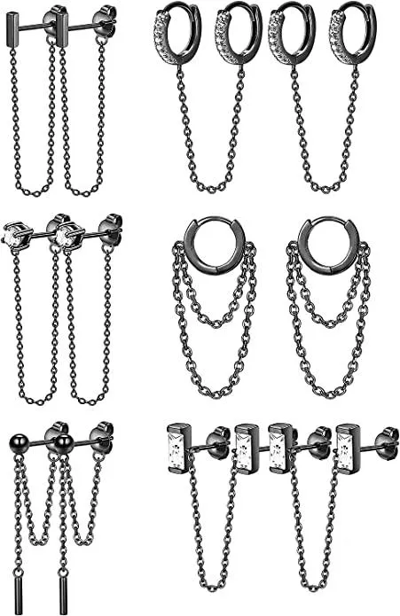 6 Pairs Chain Stud Earrings for Women CZ Dangle Earrings Copper Ball Stud Earring Bar Stud Earrings Huggie Hoop Piercing Earrings - Grocery